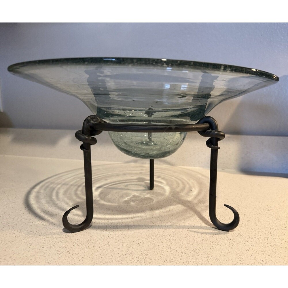Hand Blown Thick Transparent Funnel Glass Wrought Iron 3 Leg Stand